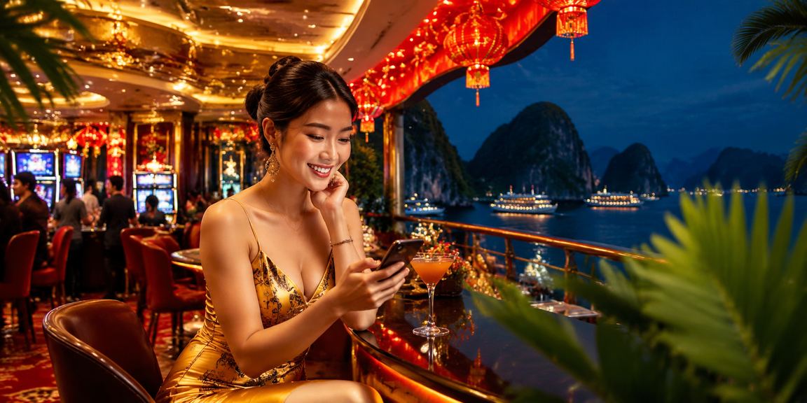 Người dùng Việt Nam trải nghiệm casino trực tuyến trên điện thoại tại lễ hội Tết với phông nền Vịnh Hạ Long