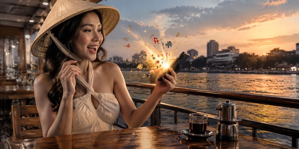 Người dùng Hà Nội xem kết quả xổ số trên điện thoại với hình ảnh nón lá đặc trưng